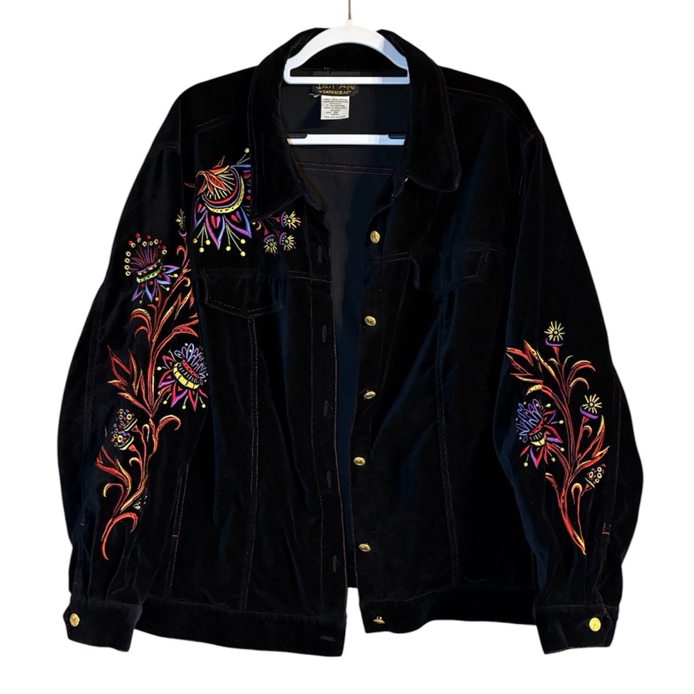 Bob Mackie Wearable Art Embroidered Velvet Jacket Floral Button Front Black
